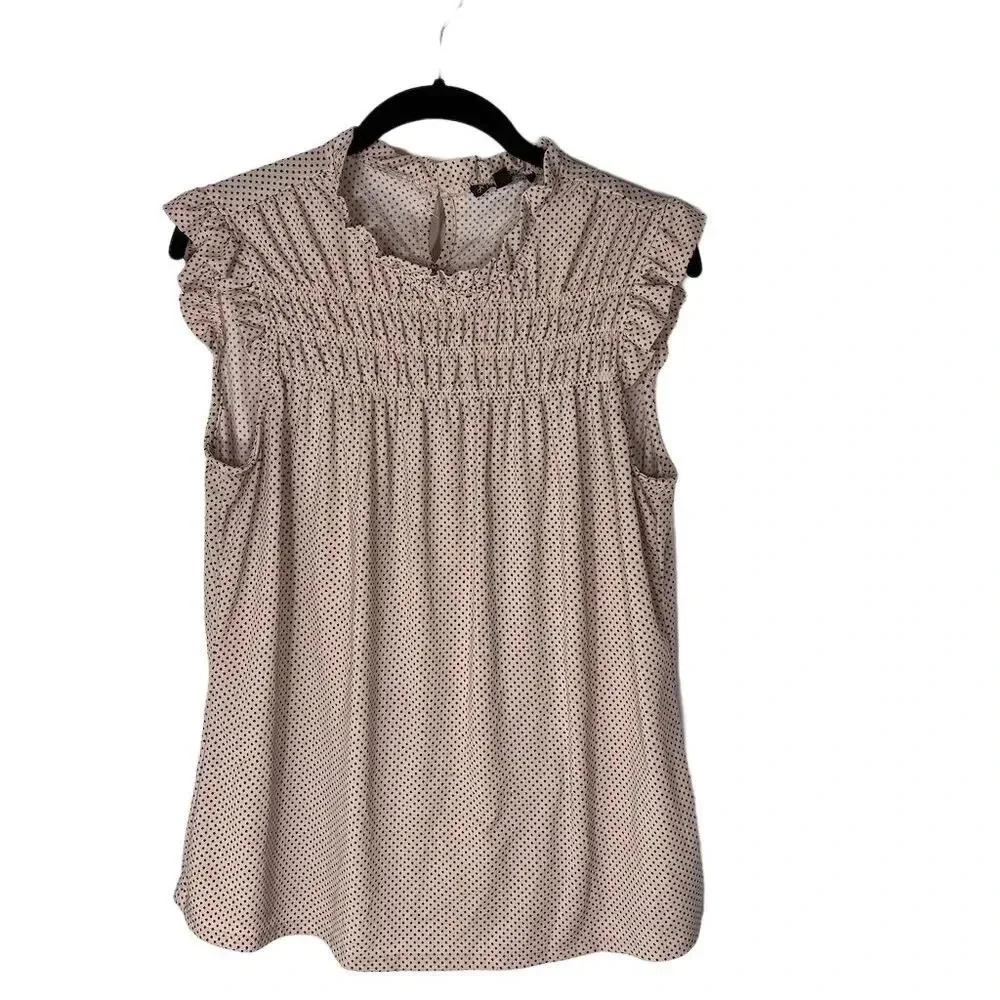 Adrianna Papell Women's Light Pink Polka Dot Smocked Ruffle Blouse M